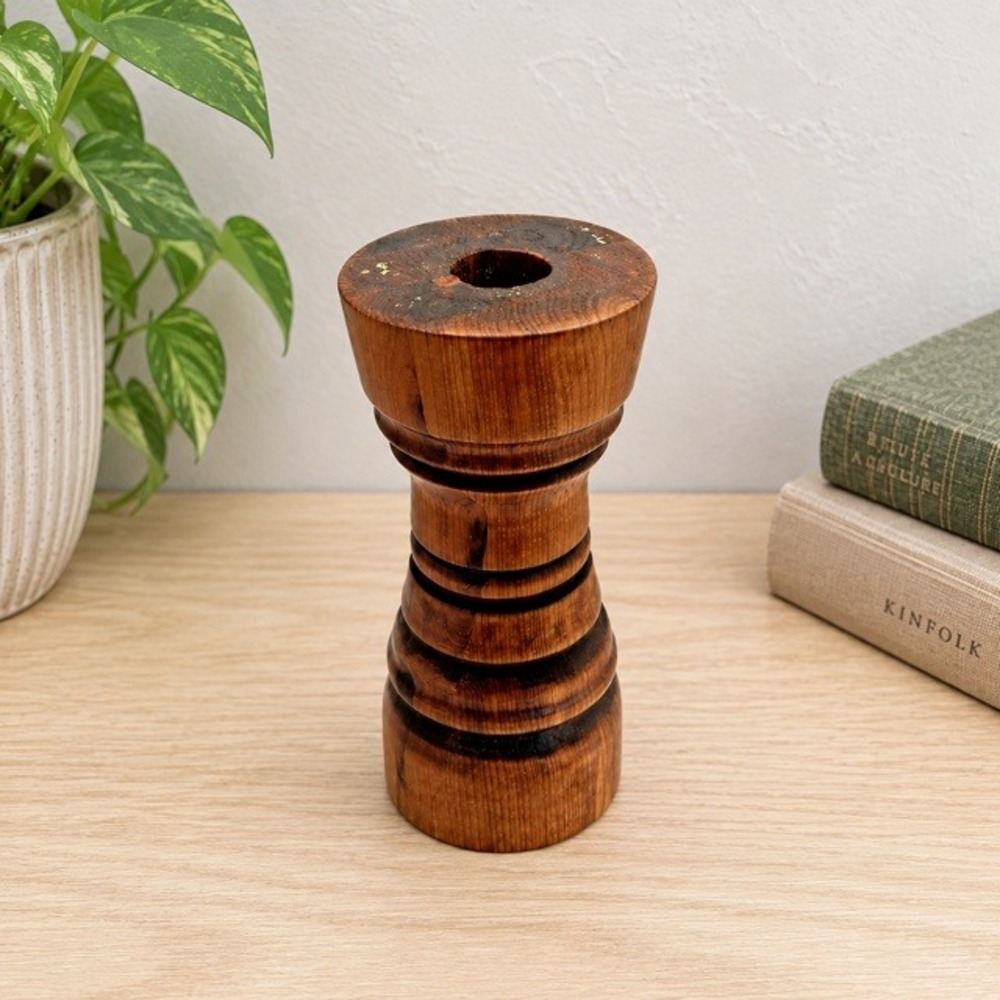 Vintage Turned Wood Candle Holder 7.5" Rustic Brown Candlestick Farmhouse Decor